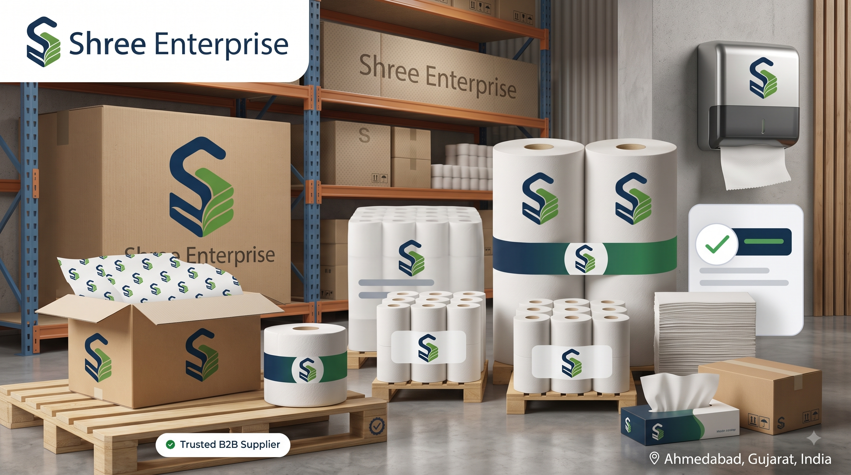 Shree Enterprise product lineup: tissue box, toilet paper rolls, napkin pack and folded hand towels